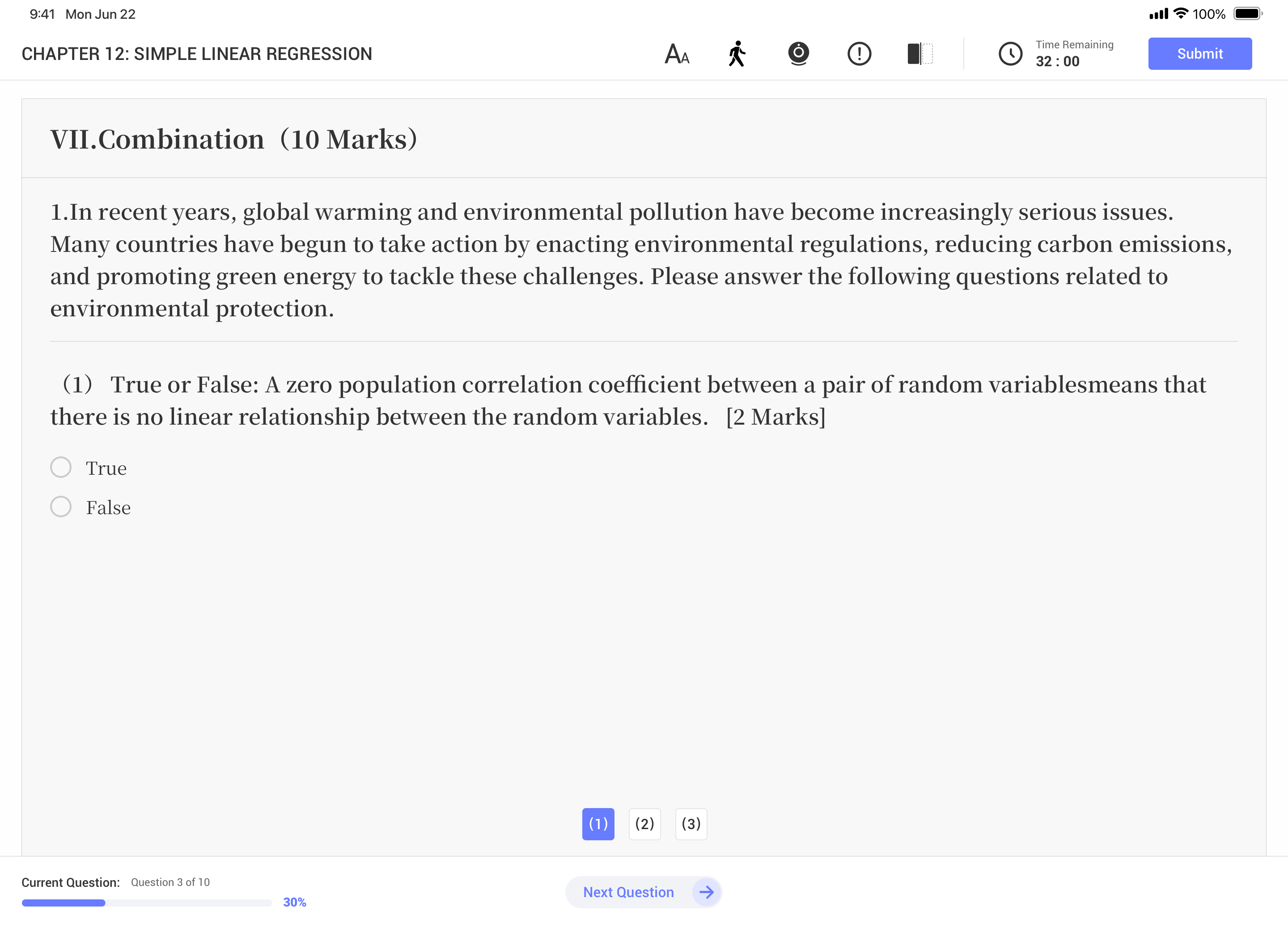 Crux — sample exam screen on iPad